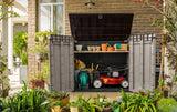 Keter Store It Out Pro Outdoor Garden Furniture Storage Shed Beige with Brown Lid Fade Free All Weather Resistant Safe and Secure Zero Maintenance 5 year Warranty