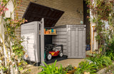 Keter Store It Out Pro Outdoor Garden Furniture Storage Shed Beige with Brown Lid Fade Free All Weather Resistant Safe and Secure Zero Maintenance 5 year Warranty